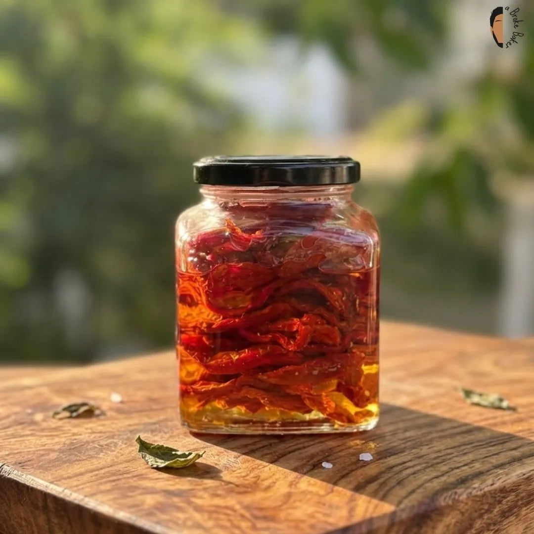 Artisan condiment jar of sun dried tomatoes in oil with garlic. 