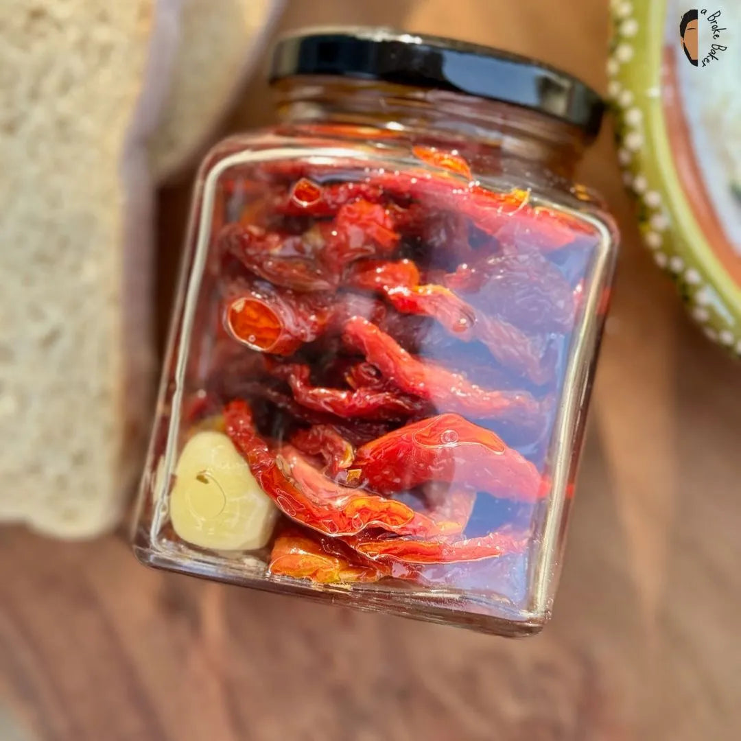 Beautiful jar of garlic tomato preserve of sun dried tomatoes. 